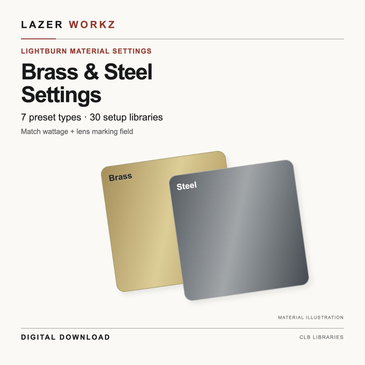 Brass & Steel Settings for LightBurn — 30 Setup Libraries — digital download cover