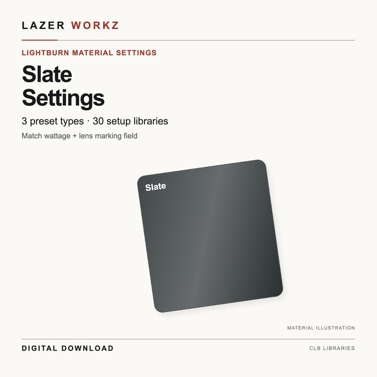 Slate Settings for LightBurn — 30 Setup Libraries — digital download cover
