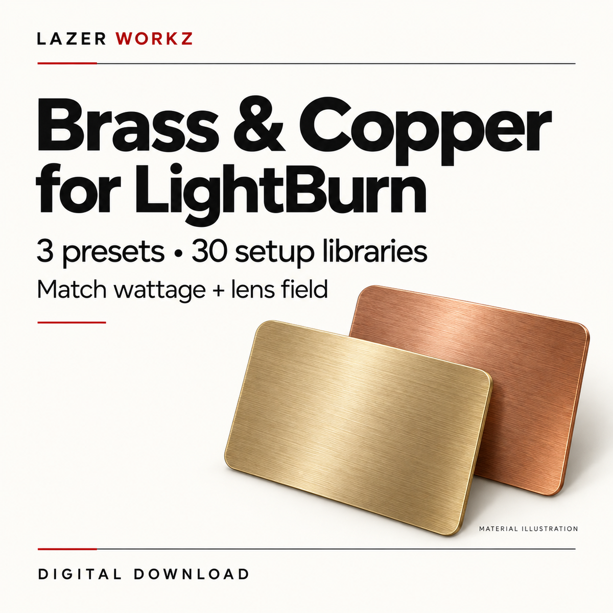 Brass & Copper Engraving Settings for LightBurn — 30 Setup Libraries — digital download cover