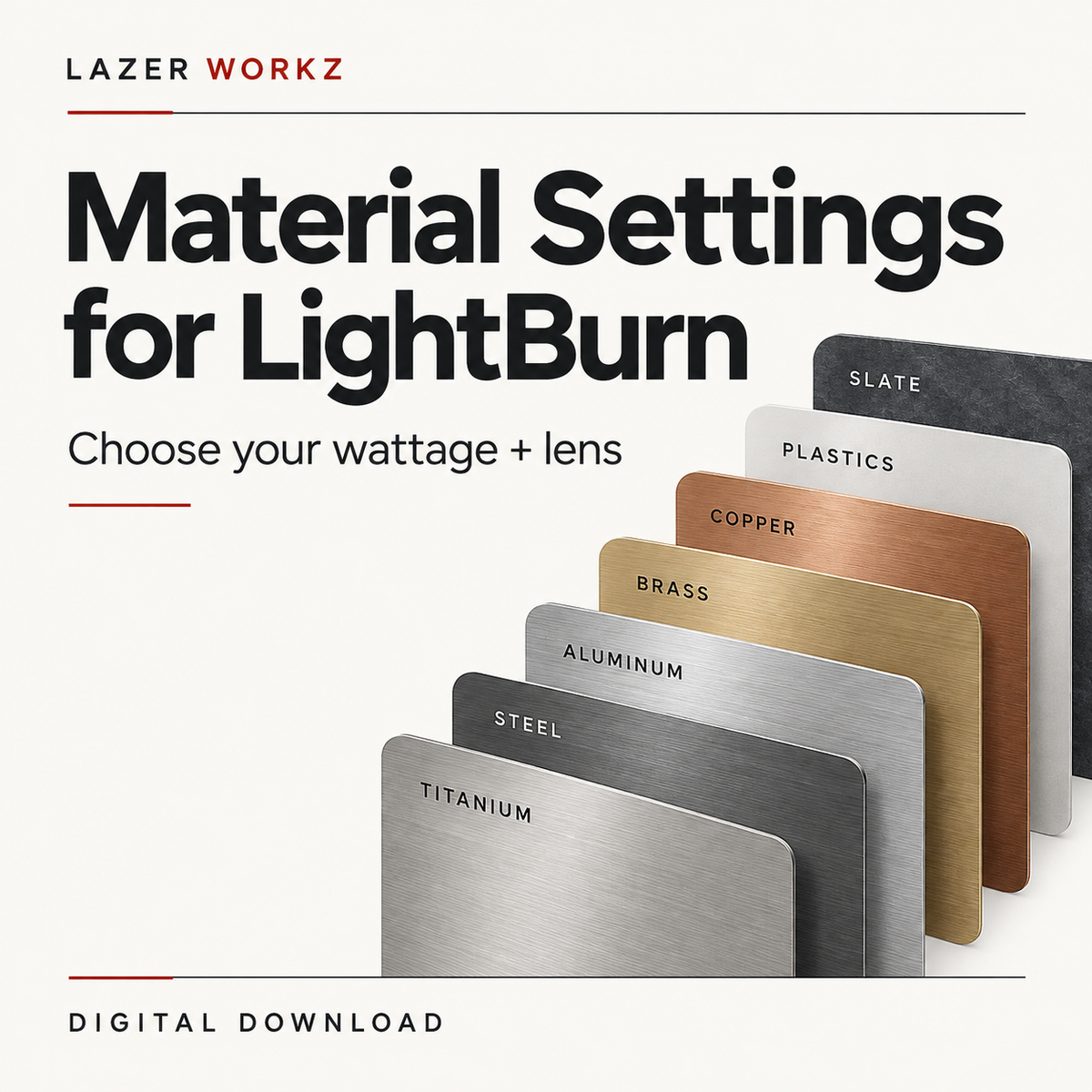 Fiber Laser Material Settings Library for LightBurn — Choose Wattage & Lens — digital design cover