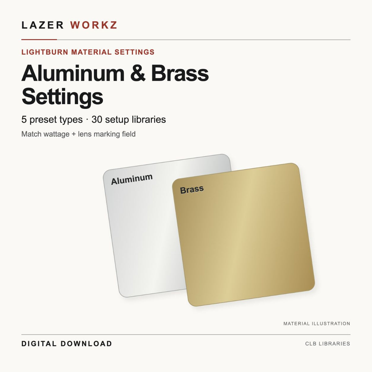 Aluminum & Brass Settings for LightBurn — 30 Setup Libraries — digital download cover