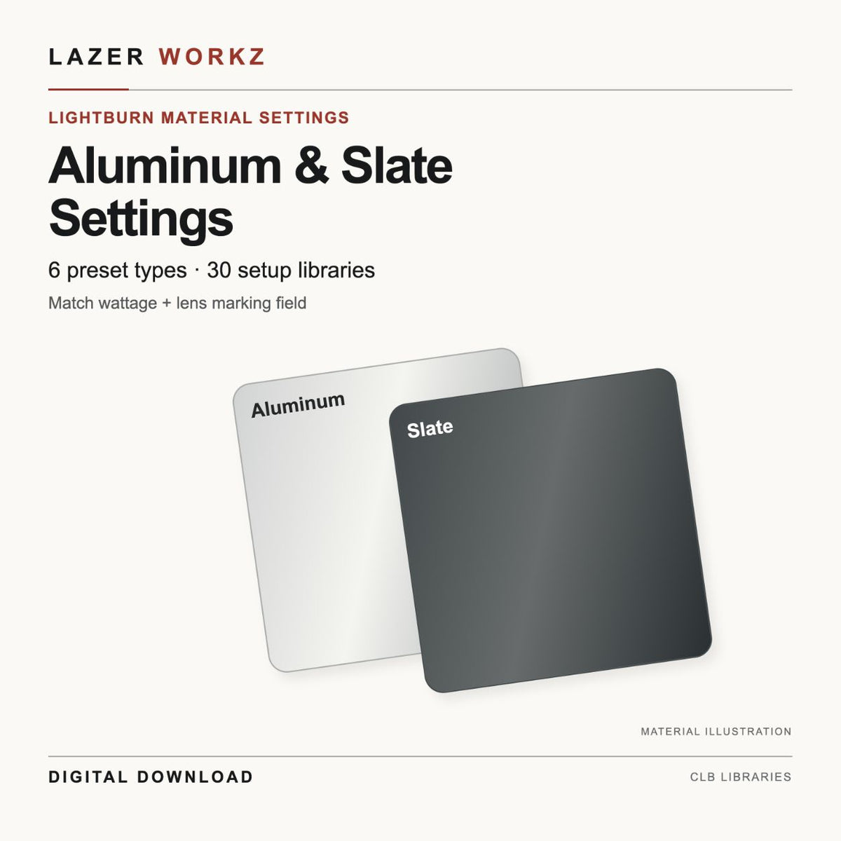 Aluminum & Slate Settings for LightBurn — 30 Setup Libraries — digital download cover