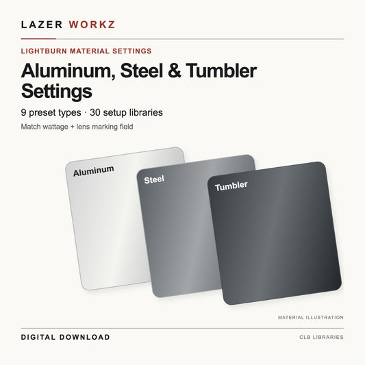 Aluminum, Steel & Powder-Coated Tumbler Settings for LightBurn — 30 Setup Libraries — digital download cover