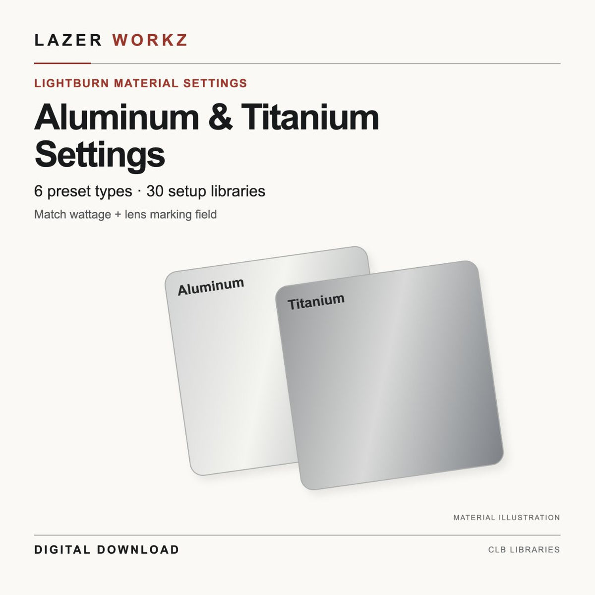 Aluminum & Titanium Settings for LightBurn — 30 Setup Libraries — digital download cover