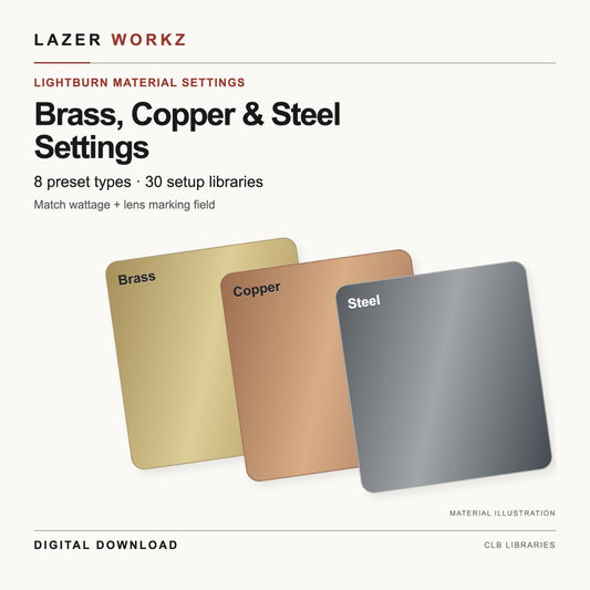 Brass, Copper & Steel Settings for LightBurn — 30 Setup Libraries — digital download cover
