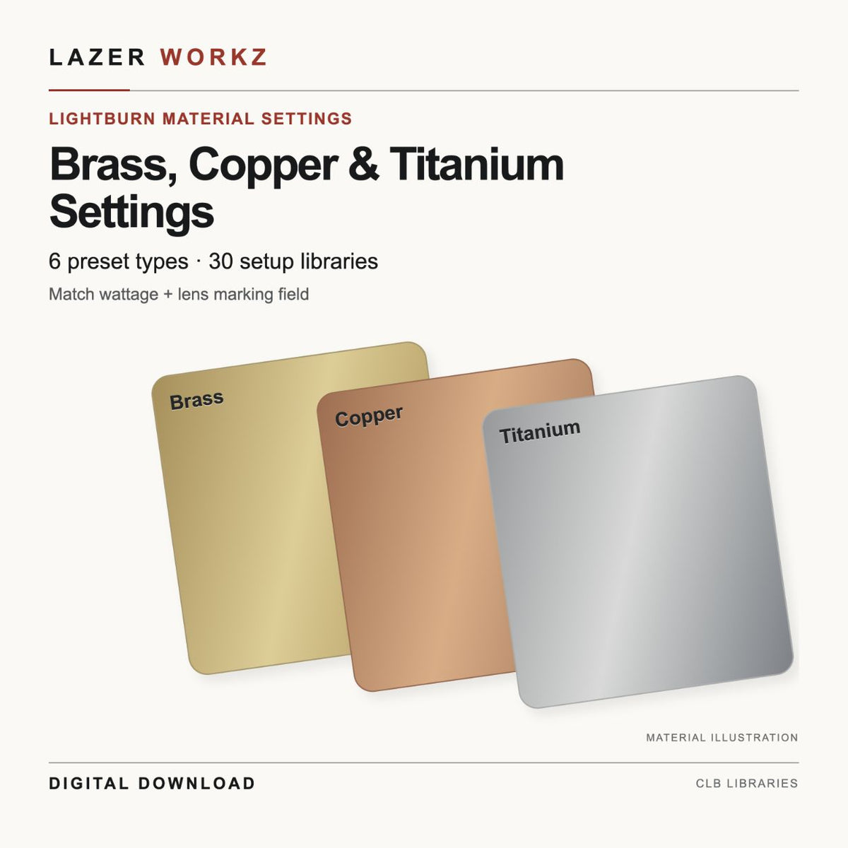 Brass, Copper & Titanium Settings for LightBurn — 30 Setup Libraries — digital download cover