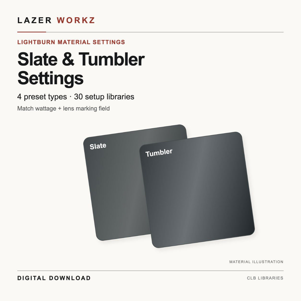 Slate & Powder-Coated Tumbler Settings for LightBurn — 30 Setup Libraries — digital download cover