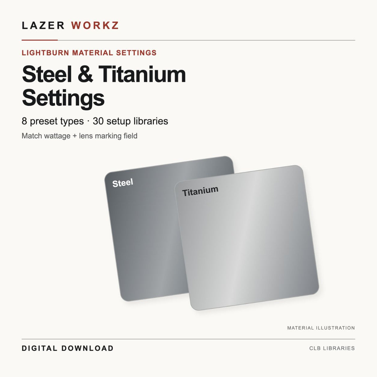 Steel & Titanium Settings for LightBurn — 30 Setup Libraries — digital download cover