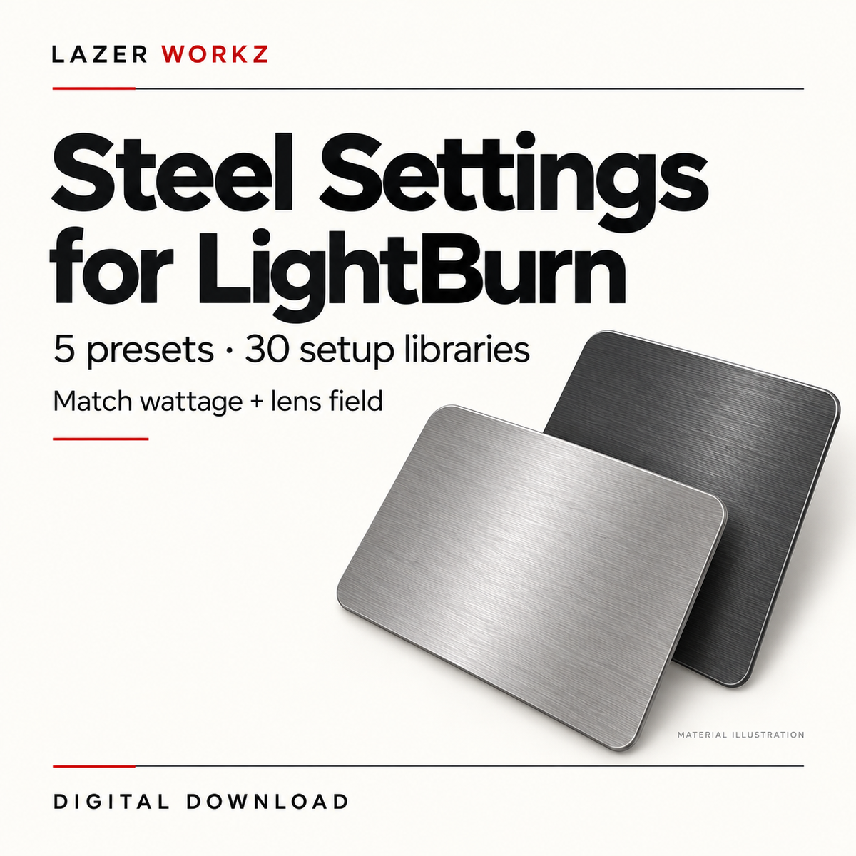 Steel Marking Settings for LightBurn — 30 Setup Libraries — digital download cover