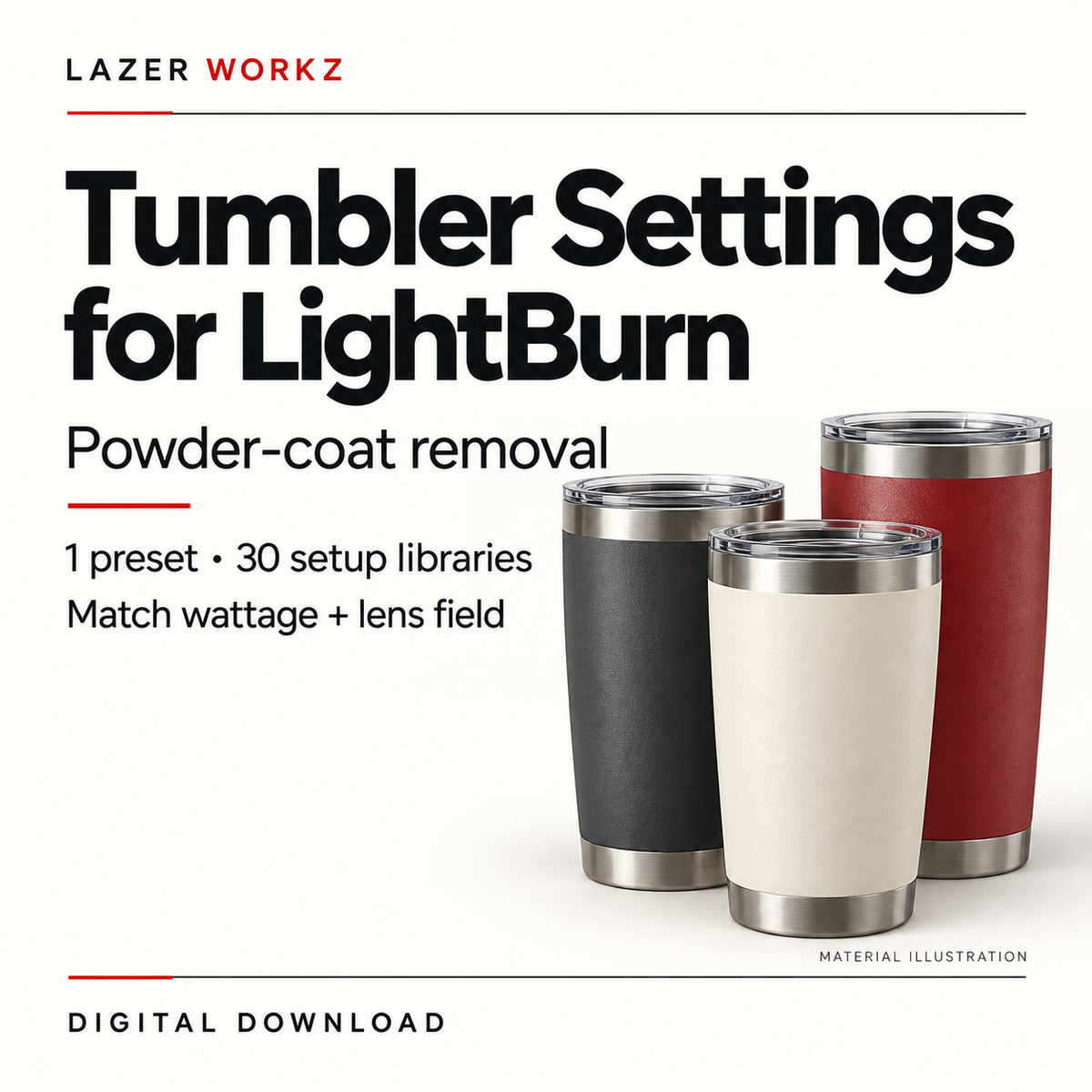 Tumbler Powder-Coat Settings for LightBurn — 30 Setup Libraries — digital download cover